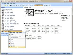 The report view creates printable reports and lets you organize them as favorites on the left hand side. The possibility to create favorite reports makes it very easy to manage the different types of reports you will certainly need.